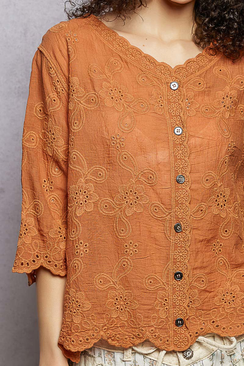 POL Floral Eyelet V-Neck Salloped Shirt 835c0b0e-13cf-4450-99ab-01090471916b-Max