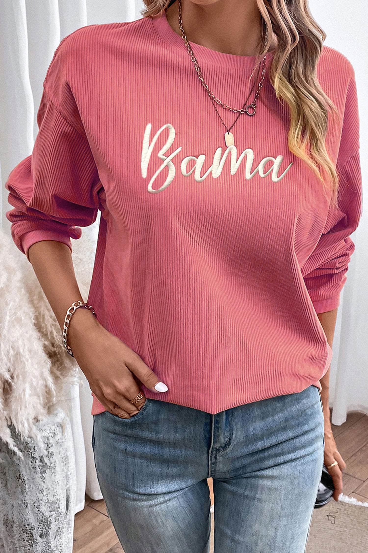 Strawberry Pink Corded Ribbed Bama Embroidered Letter Graphic Sweatshirt 835e281c4d11118b