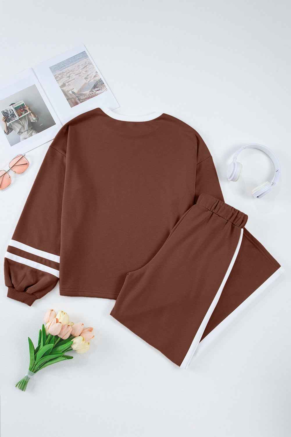 Mineral Red Varsity Stripe Patchwork Puff Sleeve Pullover Drawstring Wide Leg Pant Set 835f13b3c6ed10a2