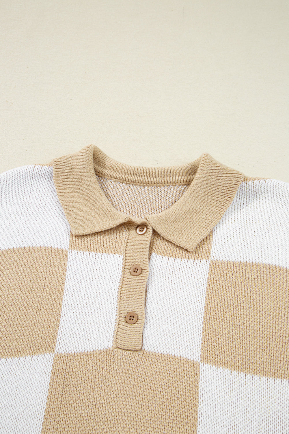 Light French Beige Checkered V-Neck Collared Pullover Sweater 836256cf16132e90