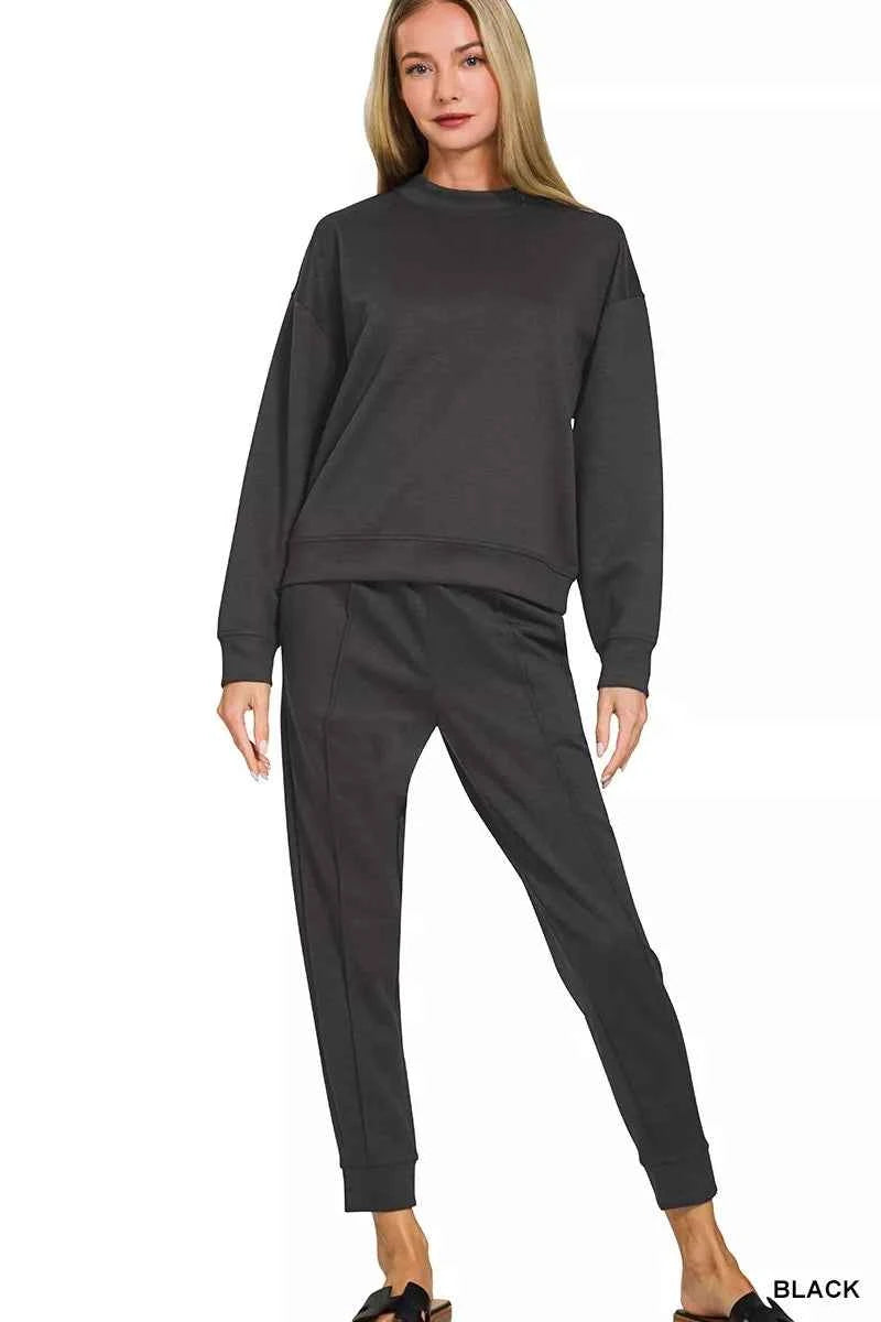 Zenana Scuba Mock Neck Sweatshirt and Joggers Set BLACK 8363fdc327ed4e01af6f716236892dce-Max-Origin