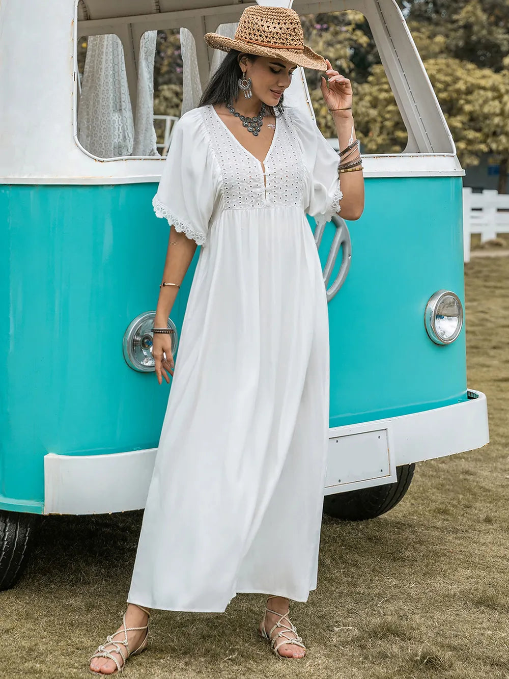 Lace Detail Eyelet V-Neck Half Sleeve Dress 83660af7-f5fa-4728-8cd8-57f4963d9159-Max