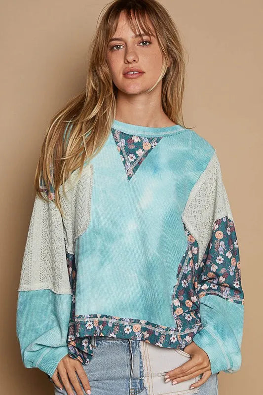 POL Floral Patchwork Round Neck Knit Top Teal 8367427f-a2d4-4d60-80ba-f784aaeb9bb6-Max