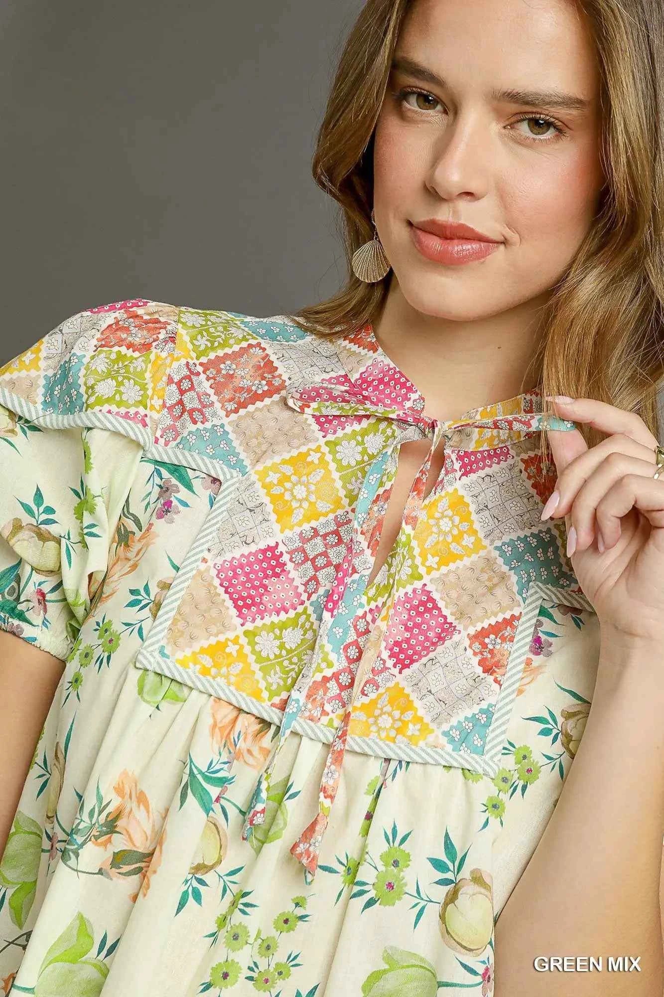 Floral Print Tie Neck Puff Sleeve Dress 8367f502-c944-4217-ab94-c5fcc0422acf-Max-Origin