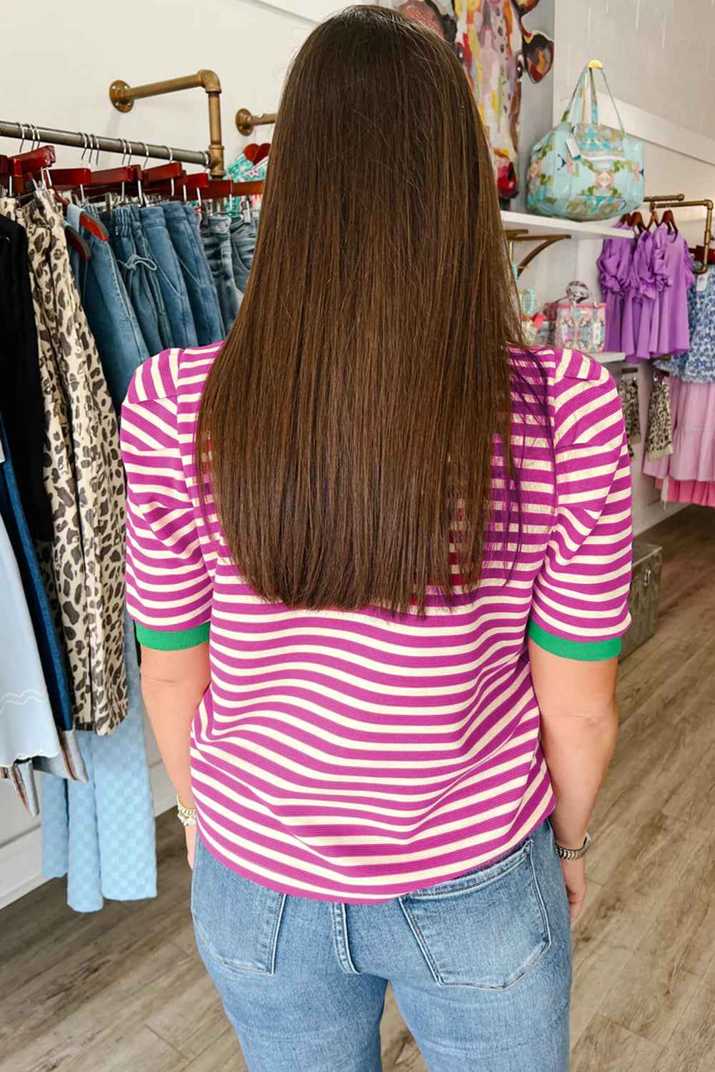 Brown Stripe Short Puff Sleeve Contrast Trim Round Neck Tee 8368b5bc431481b1