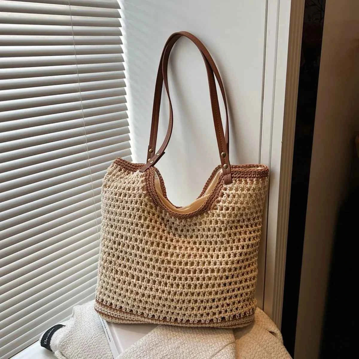 Crochet Tote Bag with Leather Handles 836d875a-726f-4519-a943-17bb222b1868-Max-Origin