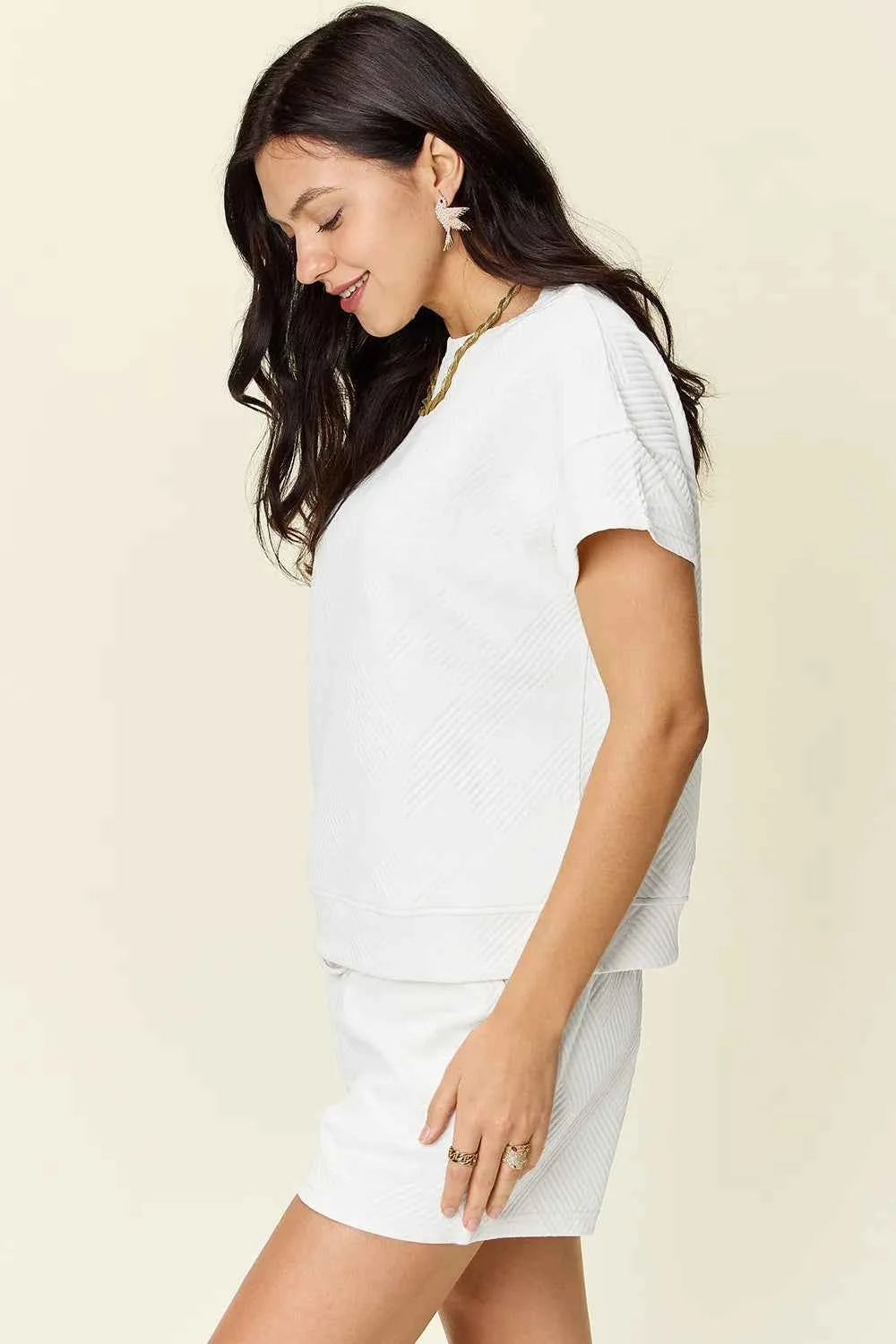 Double Take Full Size Texture Short Sleeve T-Shirt and Drawstring Shorts Set 8370237c-a52a-43cf-a8f2-91fa732c84a8-Max