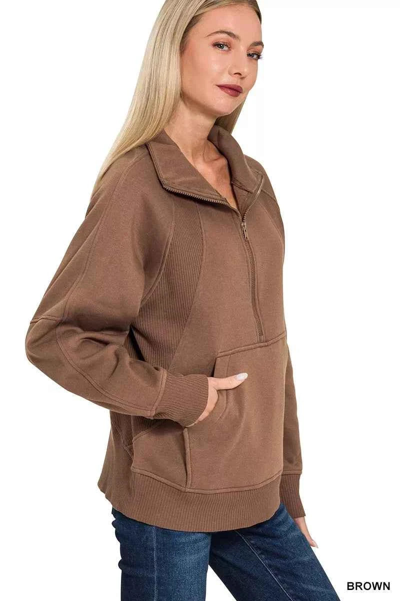 Zenana Half Zip Fleece Sweatshirt with kangaroo Pocket 83705e67c6fe4b9998f7d8b0c8f3c6be-Max-Origin
