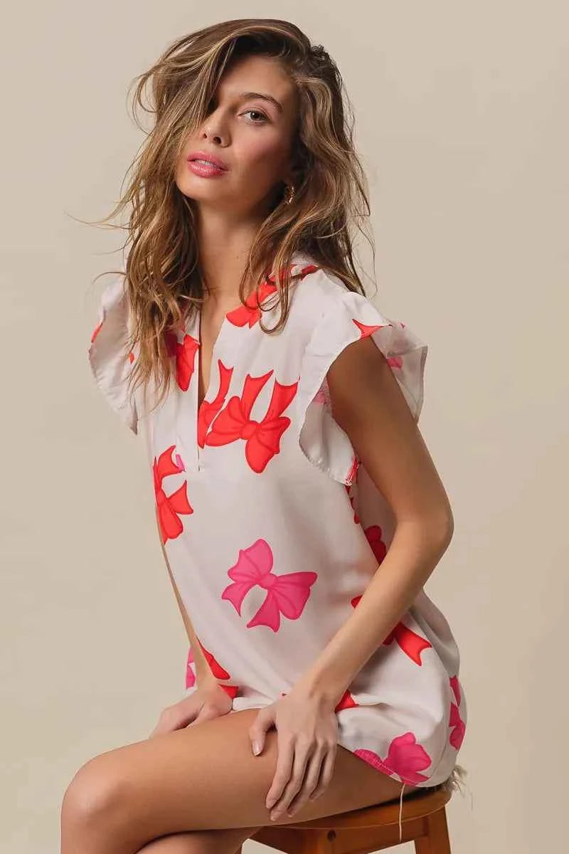 Bow Printed Woven Ruffled Sleeves V Neck Top 8374303237954d8495bd24280e62f66e-Max-Origin