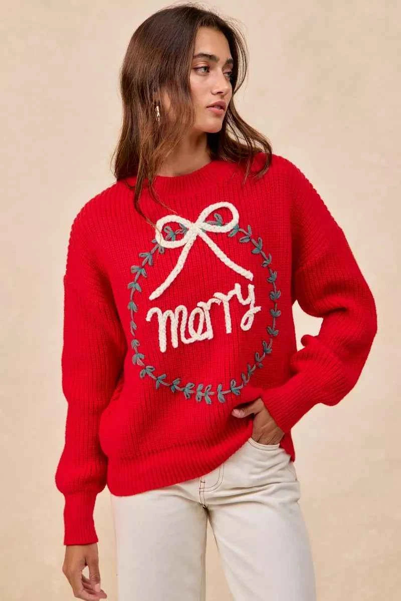 BiBi Christmas Wreath Merry Letter Knit Top 83779ed2f1b44814bc6a82e59d79ad41-Max-Origin