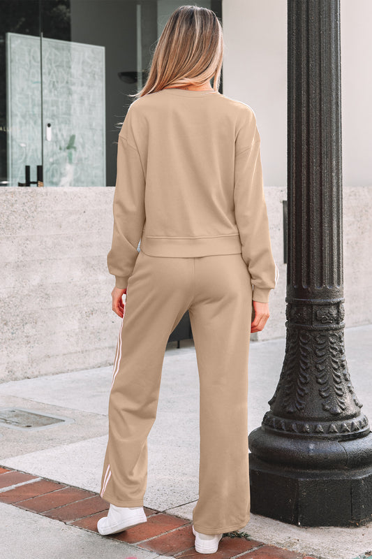 Oatmeal Varsity Striped Detail Crewneck Pullover Elastic Sweatpants 2pcs Outfit 83835e793f7b2c7d