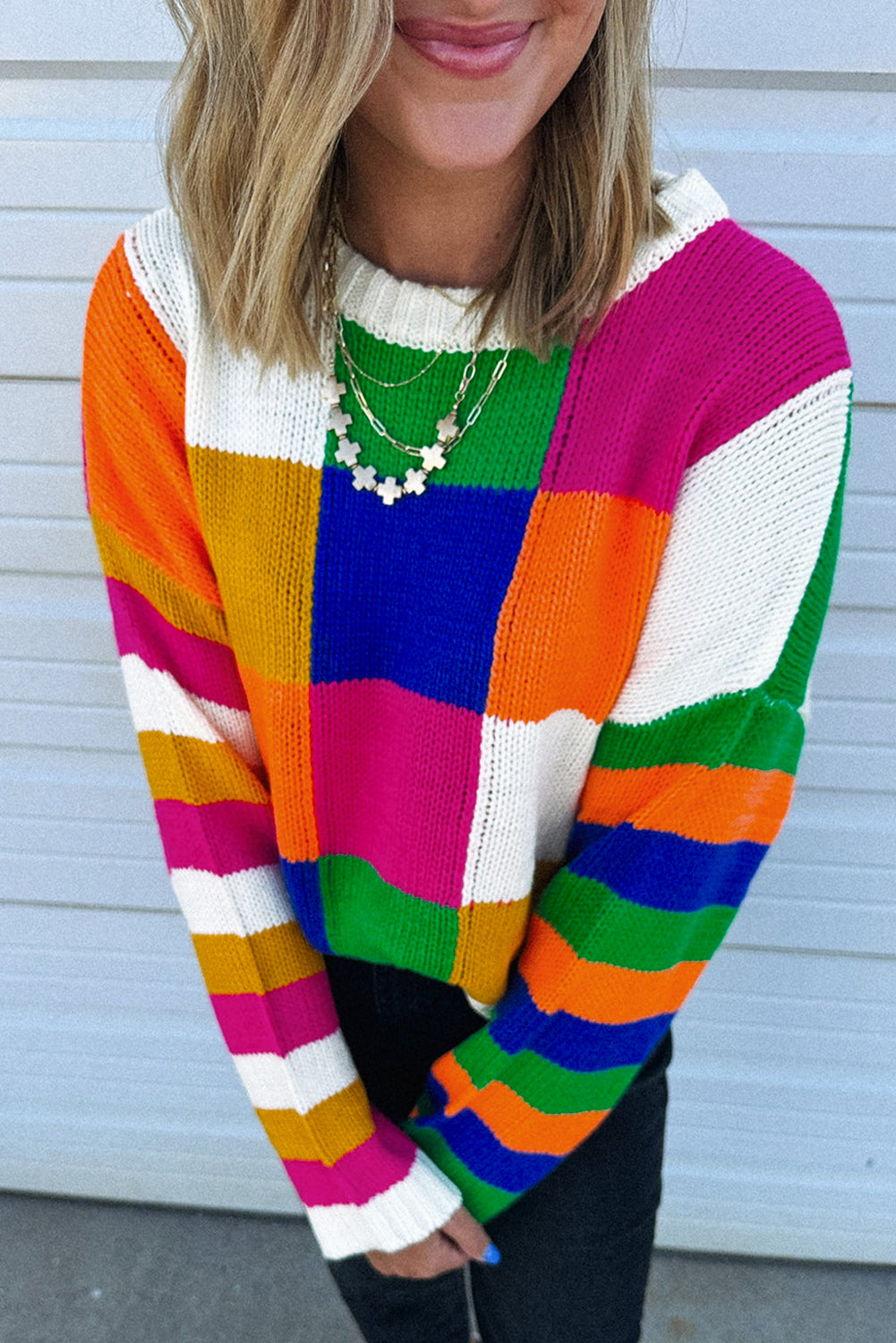 Orange Checkered Color Block Round Neck Loose Sweater 8386caada6120be7