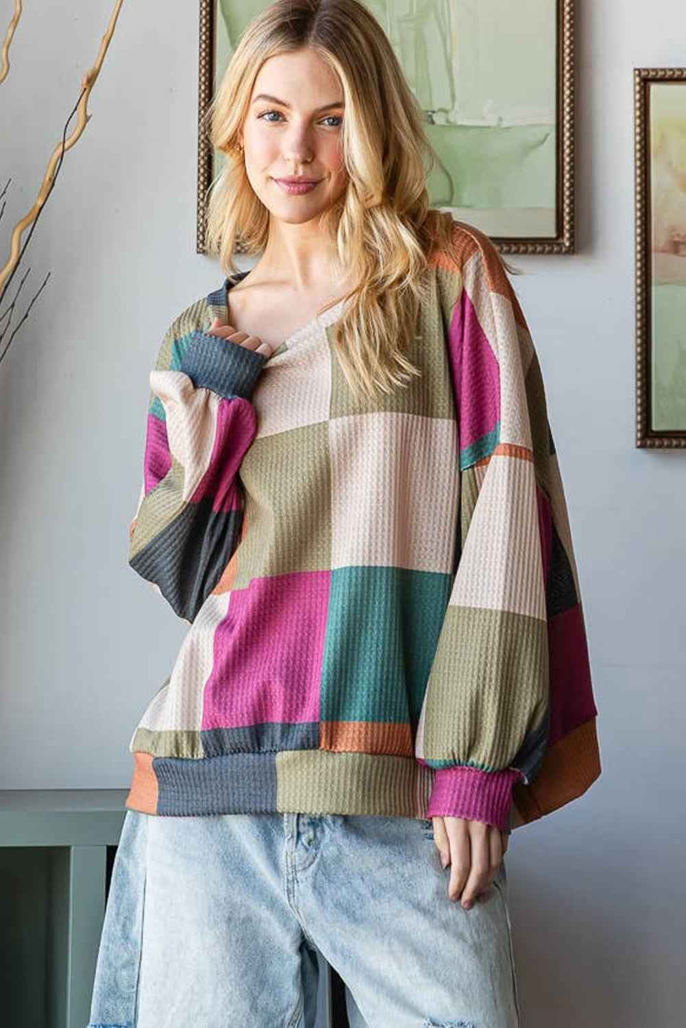 Green Checkered Print Textured Knit Long Sleeve Loose Top 838cac2acae354de