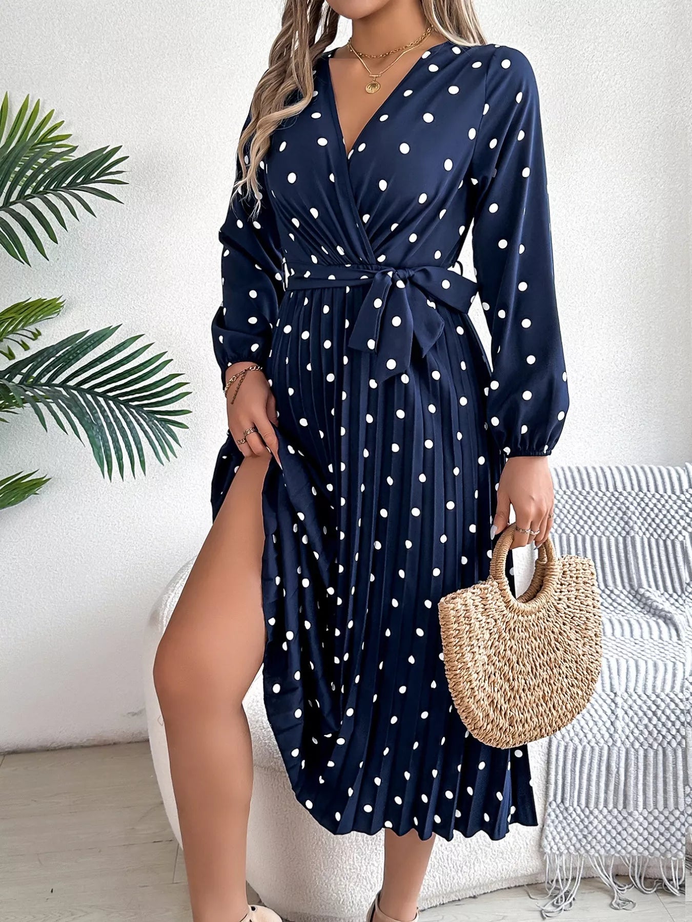 Front Tie Polka Dot Midi Pleated Dress 838d96a3-2cd3-4743-81b4-13266256feb1-Max-Origin