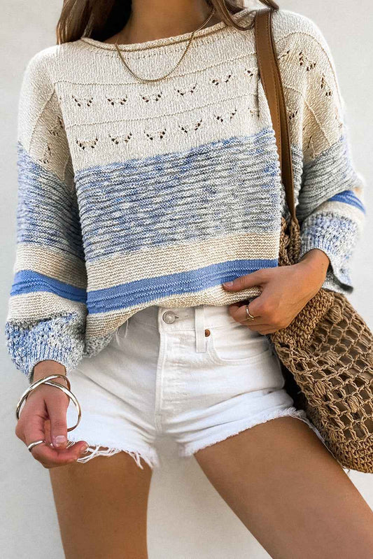 Light Blue Striped Hollow Out Puff Sleeve Sweater 838e6423c8a475b8
