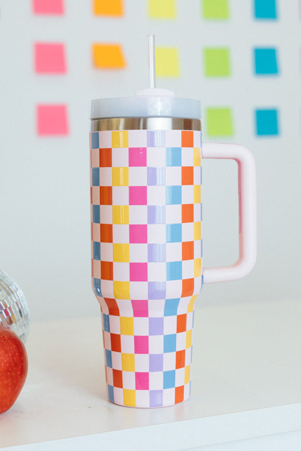 Red 40oz Colorful Checkered Print Handle Vacuum Tumbler Cup 8394201934d079cf