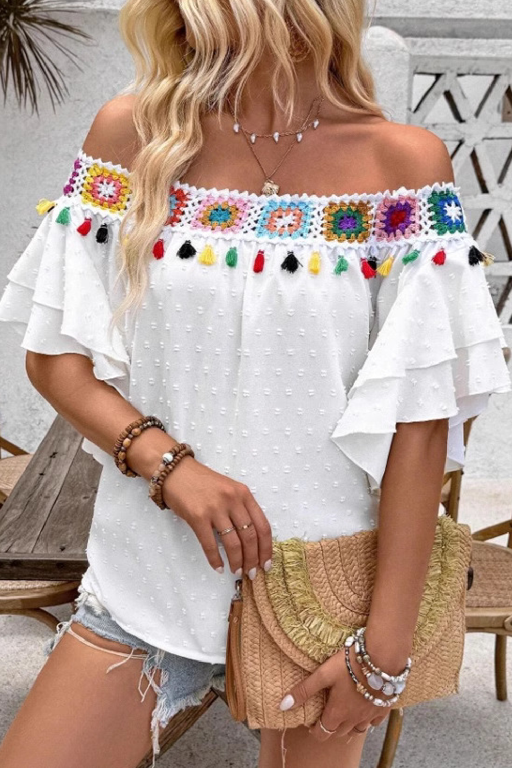 White Tassel Crochet Floral Off Shoulder Ruffle Sleeve Top 8397a97a15622cf8