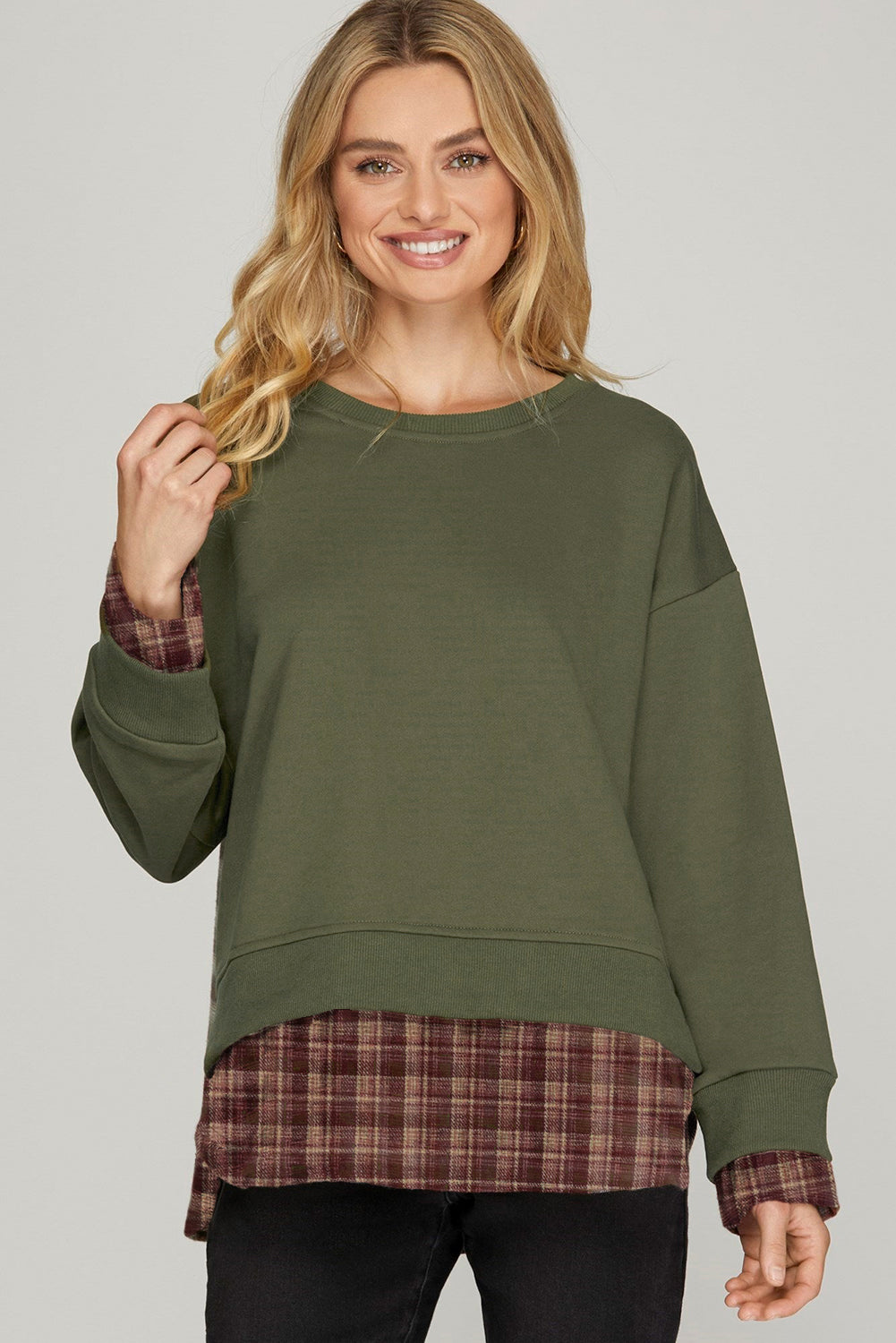 Moss Green Vintage Plaid Patchwork Drop Shoulder Sweatshirt 839b864770025bd3