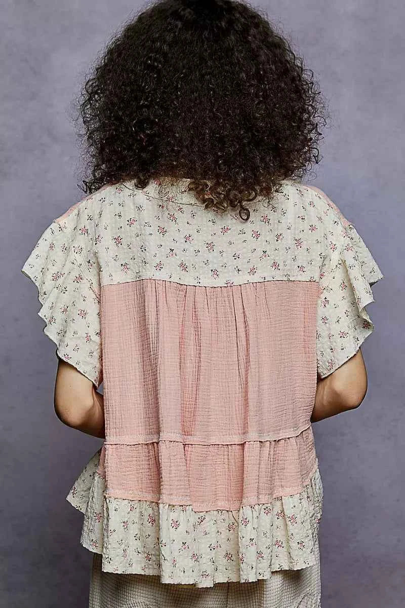 POL Floral V-Neck Short Sleeve Ruffled Double Gauze Blouse with Embroidery Detail 839cb161-ee0b-4380-a3cf-ee6f1feefafe-Max-Origin