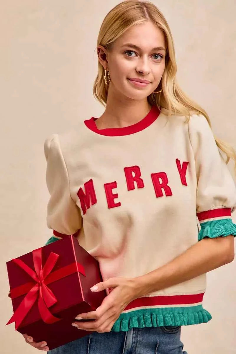 BiBi Christmas Merry Letter Patches Contrast Banded Top 83a0d4a04ea14eedb3a90bef90accf97-Max-Origin