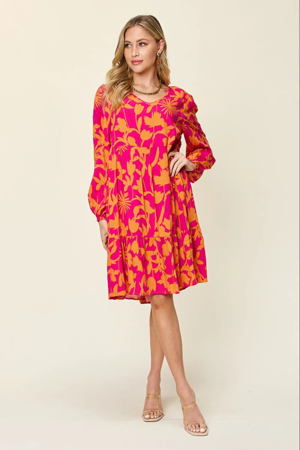 Double Take Full Size Printed Ruffle Hem Dress with Pocket 83a22835-7efc-4f0f-8237-6c79d47af44c-Max