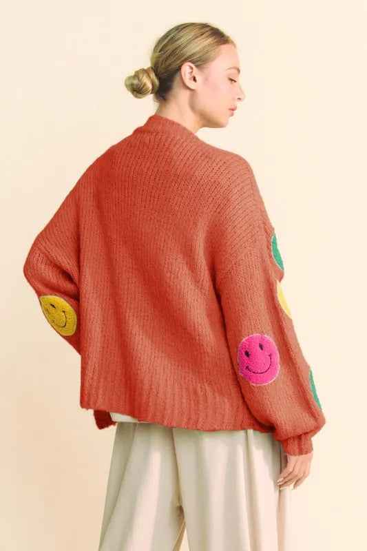 Davi & Dani Fuzzy Smile Open Front Long Sleeve Cardigan 83abb46d-ef2c-452c-a9fc-78766338dd73-Max