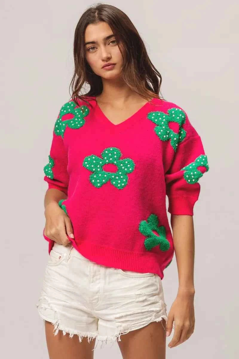 BiBi Pearl Beads Flowers Sweater Top 83aee6ab187e42348d17f1c05122e080-Max-Origin