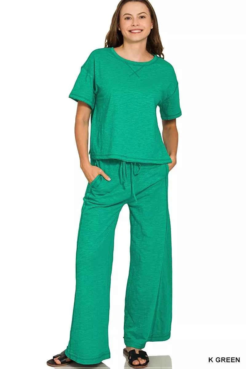 Zenana Cotton Slub Short Sleeve Tee and Pants Set K GREEN 83b8856ae3624c4186f9fa30616b79a9-Max-Origin