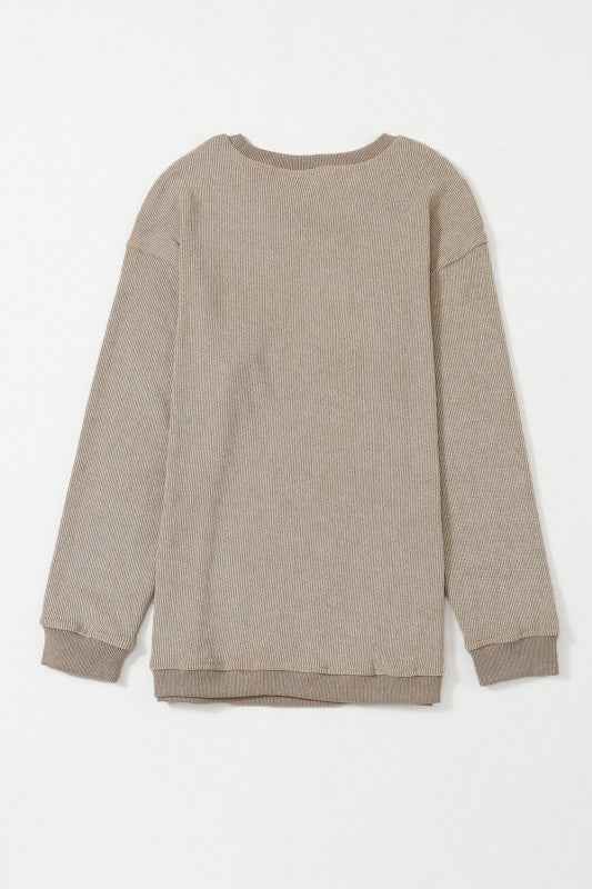 Solid Ribbed Knit Round Neck Pullover Sweatshirt 83ba0a07-c0d8-4657-924b-4d571538dc7d