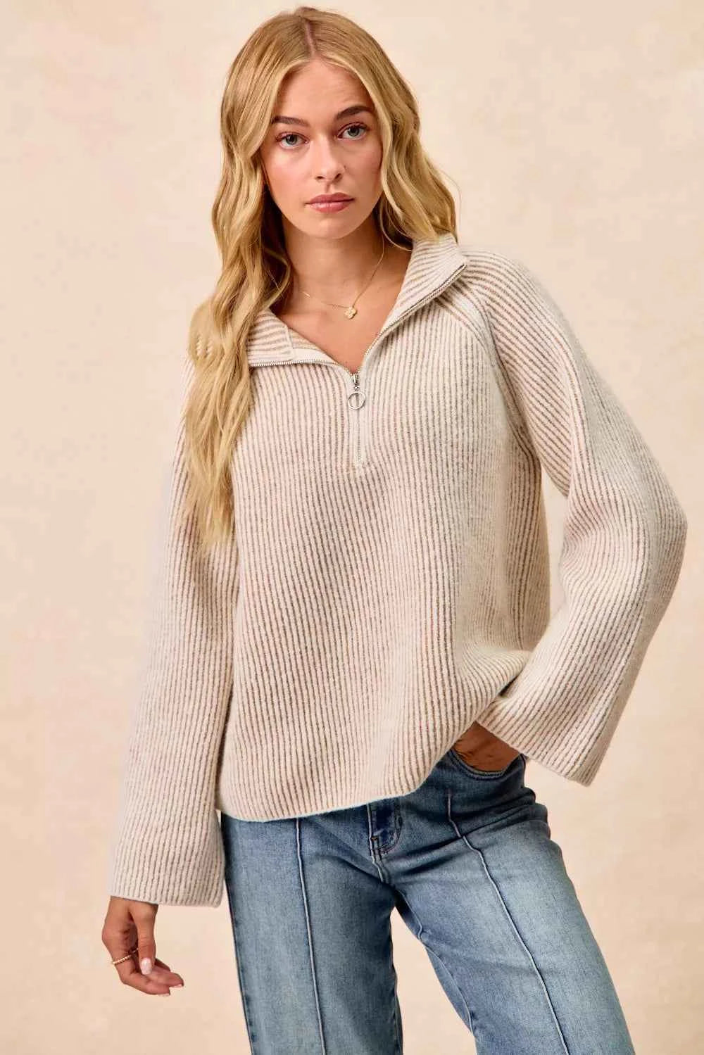 Two Tone Rib Texured Knit Collared Top with Zip Up 83ba624bad3d48d787fc58fbfd2de113-Max-Origin