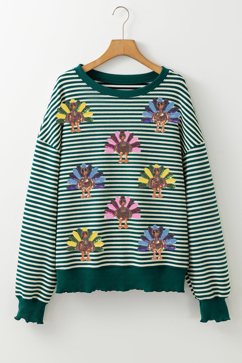 Green Stripe Sequined Turkey Pattern Drop Shoulder Pullover Sweatshirt 83bb2b3c56bb5f5a