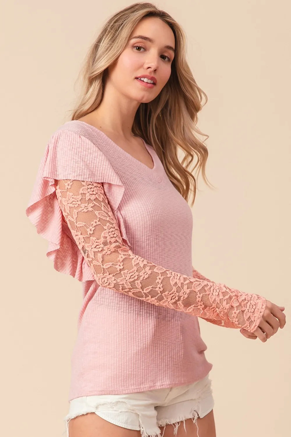 BiBi Ruffled Lace Sleeve Rib Knit Top 83bfe083-ceed-4065-9a18-69a081dcb37b-Max
