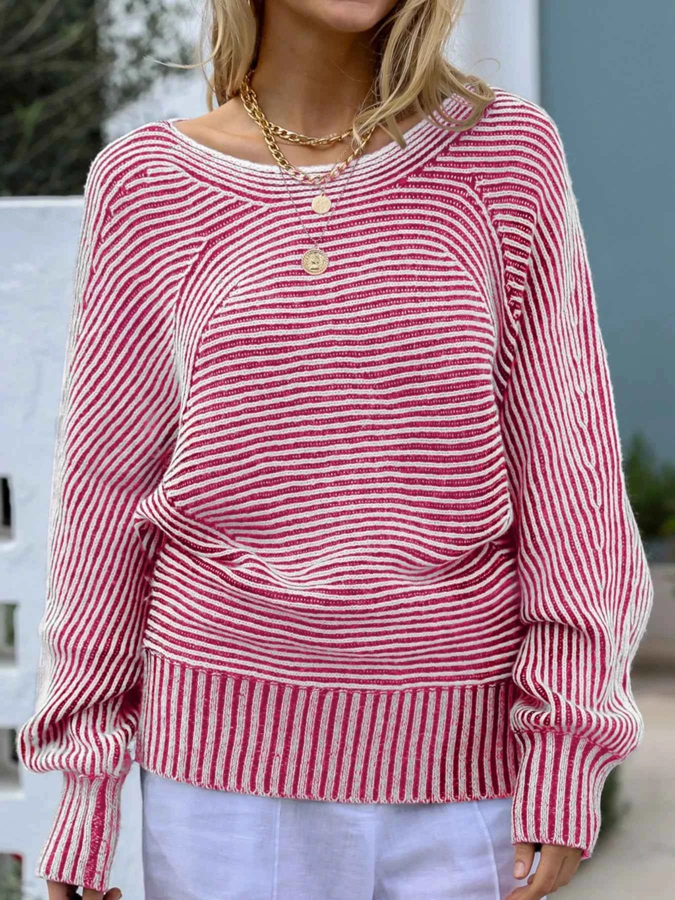Striped Boat Neck Casual Sweater Pink 83bfefc1-032c-4741-975d-9d32beba94d3-Max-Origin