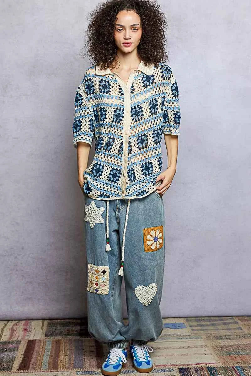 POL Openwork Short Sleeve Crochet Shirt with Border Accents 83c3495c-5386-45d0-9ece-3cd1eb2b2c86-Max-Origin