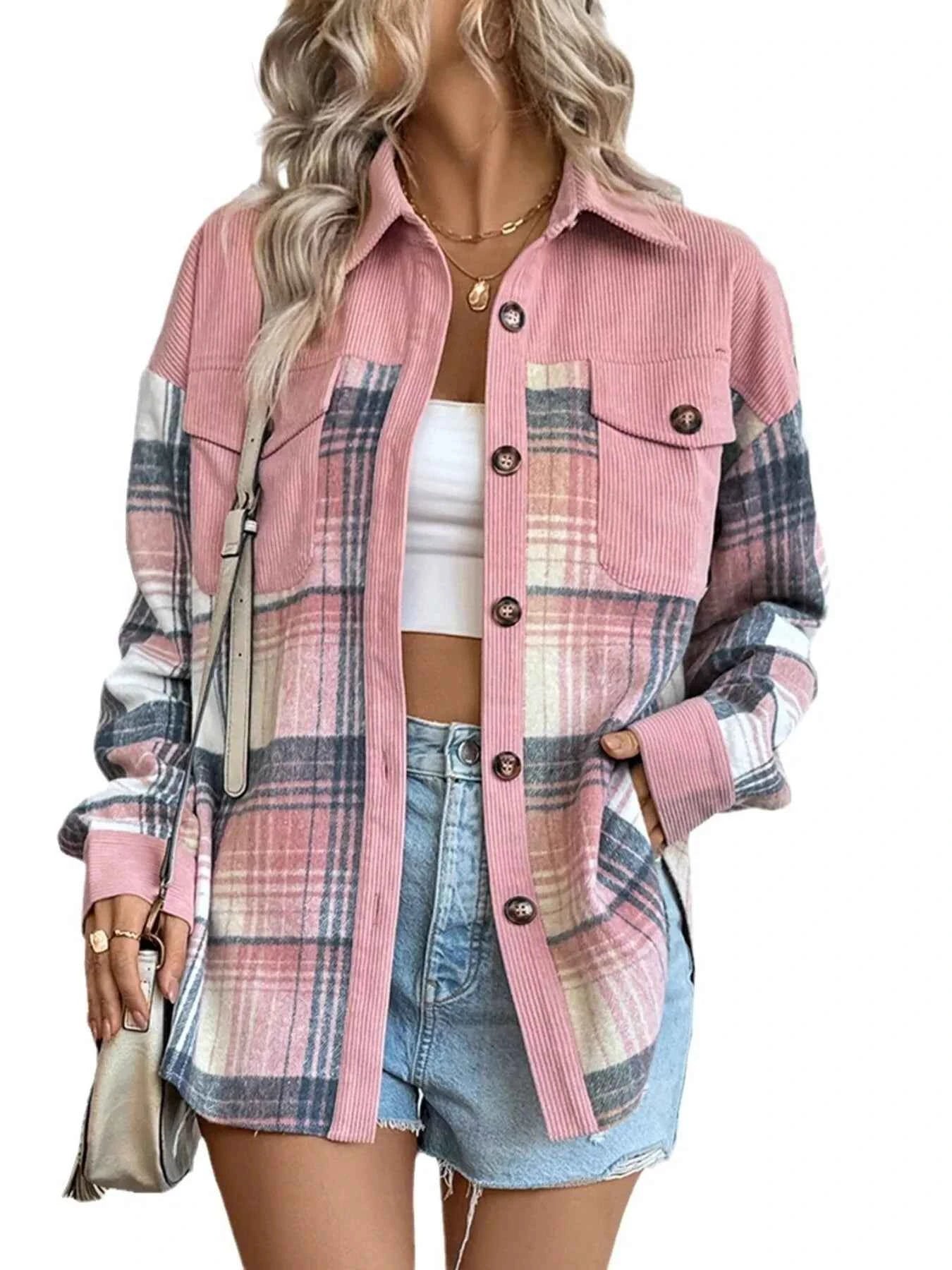 Plaid Button-Up Shacket with Chest Pockets 83c5ebe9cf8f47609553f76853f70029-Max-Origin