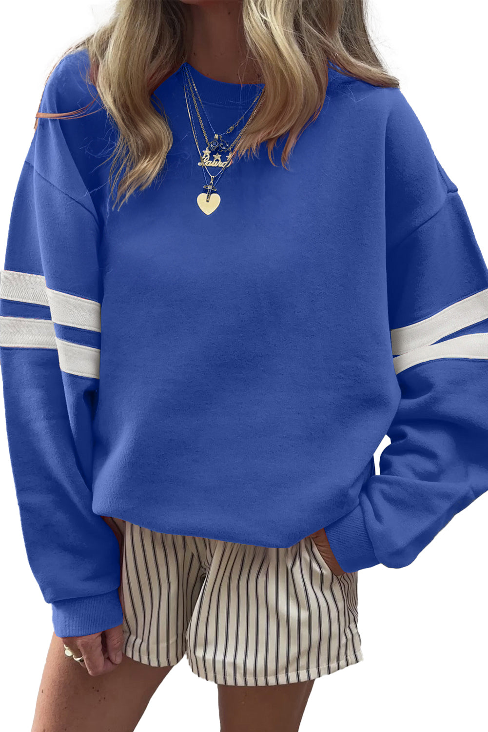 White Preppy Striped Sleeve Loose Sweatshirt Sky Blue 65%Polyester+35%Cotton 83c6239bb8b16f5a