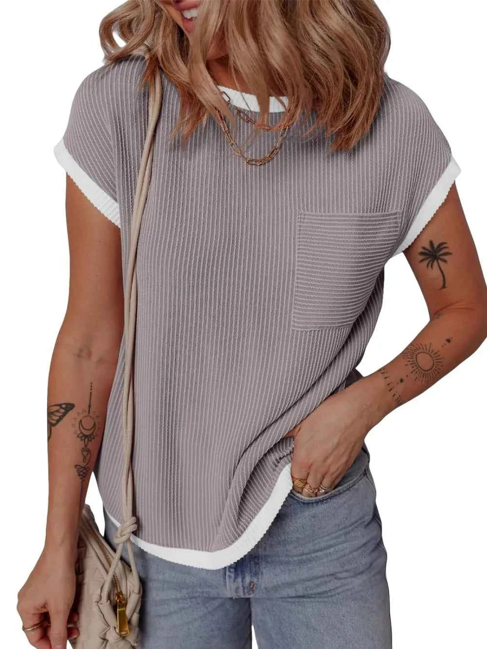 Contrast Trim Round Neck Short Sleeve T-Shirt 83c62929-74d5-4790-a8ed-5eb8d723878f-Max