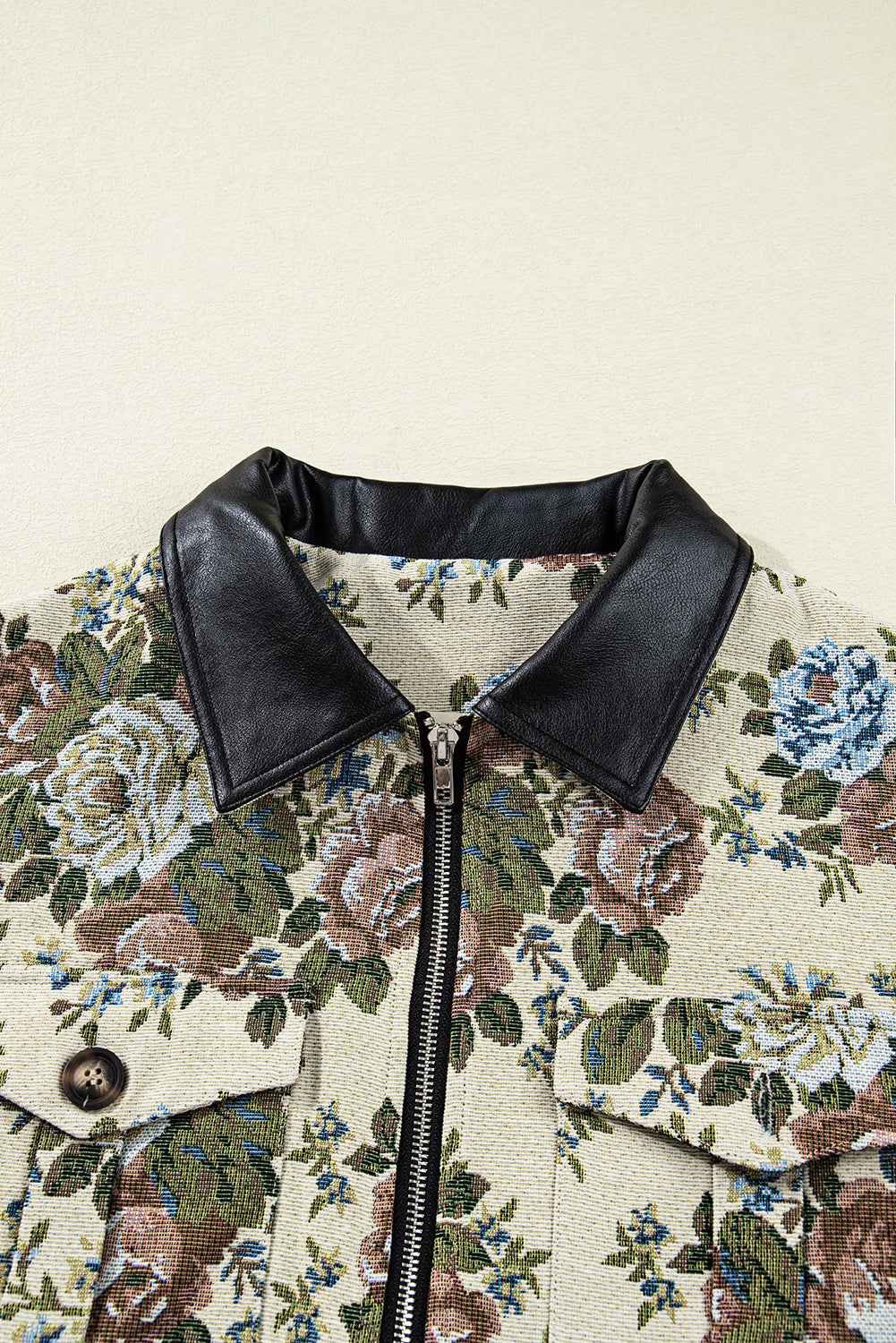 Khaki Floral Print Zip Up Contrast Collared Jacket 83d078aae9c6d67d