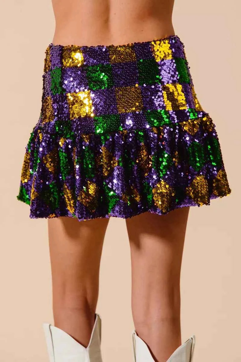 SO ME Mardi Gras Checker Sequins Mini Skirt 83d2afe4a3814a90beb761bf7c8697f3-Max-Origin