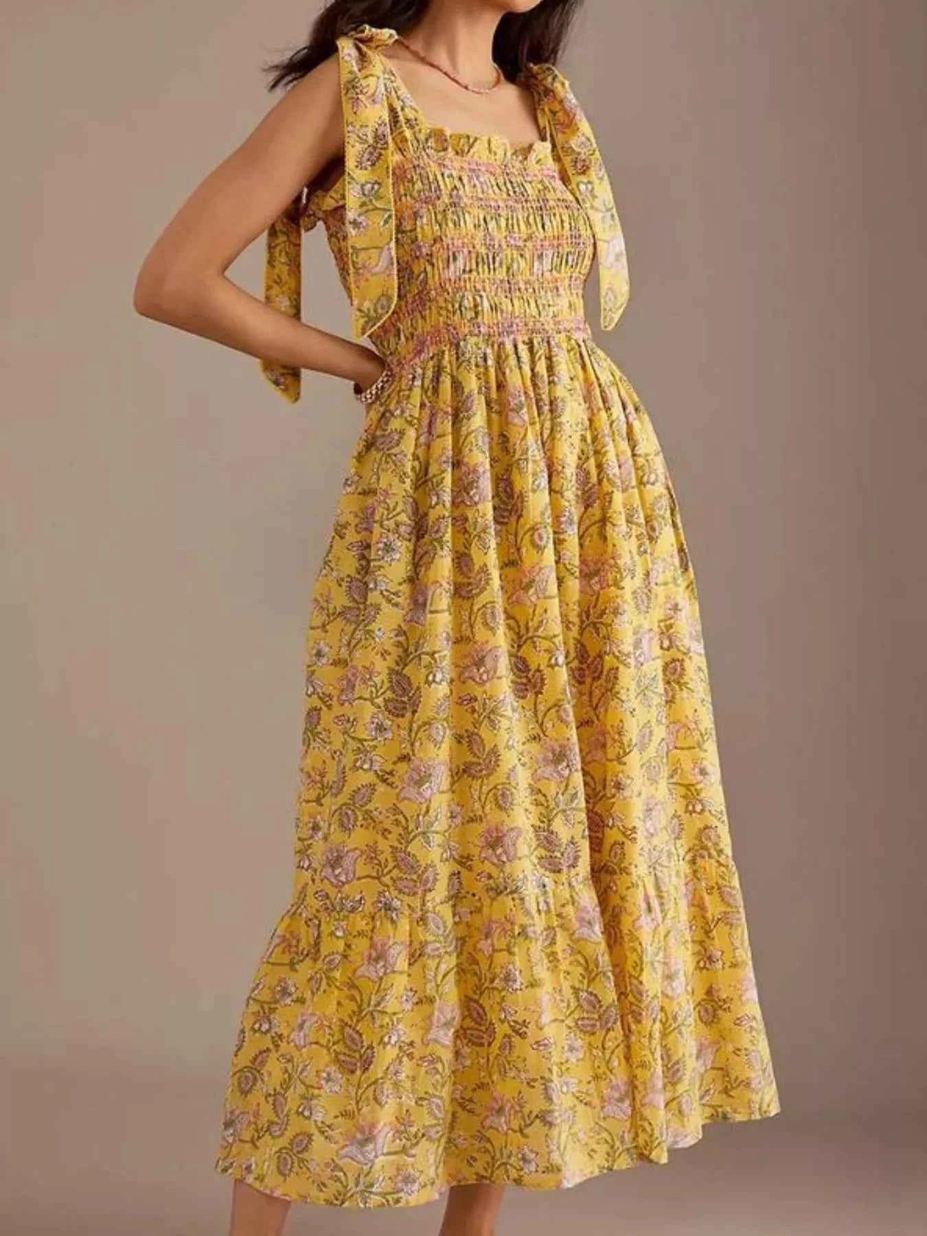 Floral Smocked Tie-Shoulder Midi Dress Gold 83db72cb-3124-45cf-9a12-72cc567710db-Max-Origin