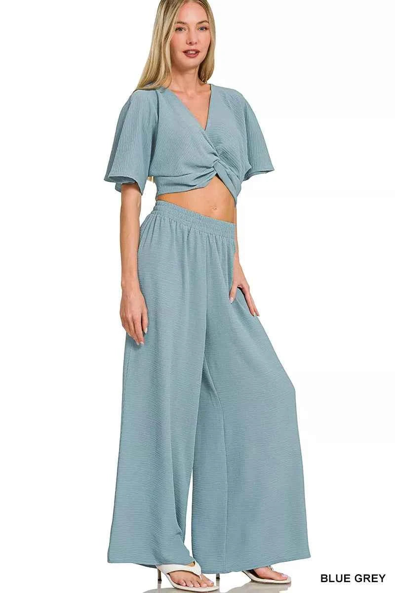 Zenana Woven Airflow Twisted Top & Wide Leg Pants Set BLUE GREY 83dea880d9c647be90f4f40e6004c515-Max-Origin