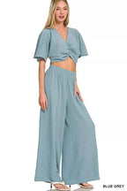 Zenana Woven Airflow Twisted Top & Wide Leg Pants Set BLUE GREY 83dea880d9c647be90f4f40e6004c515-Max-Origin