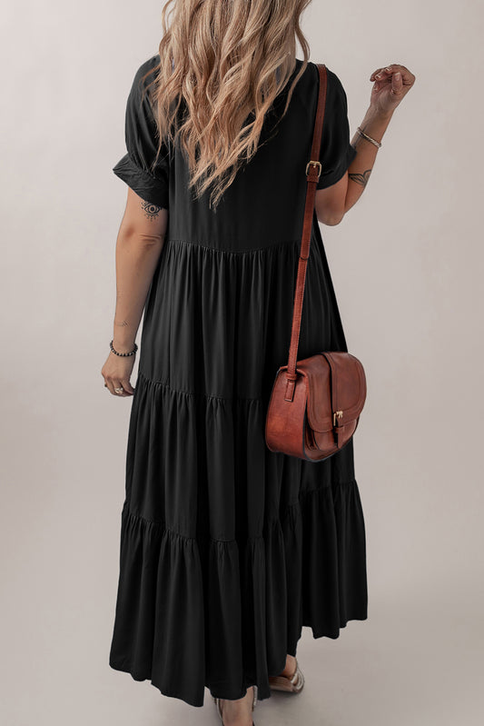 Black Hidden Buttons Short Sleeve Ruffle Tiered Long Flared Dress 83e33b63c9c09b51