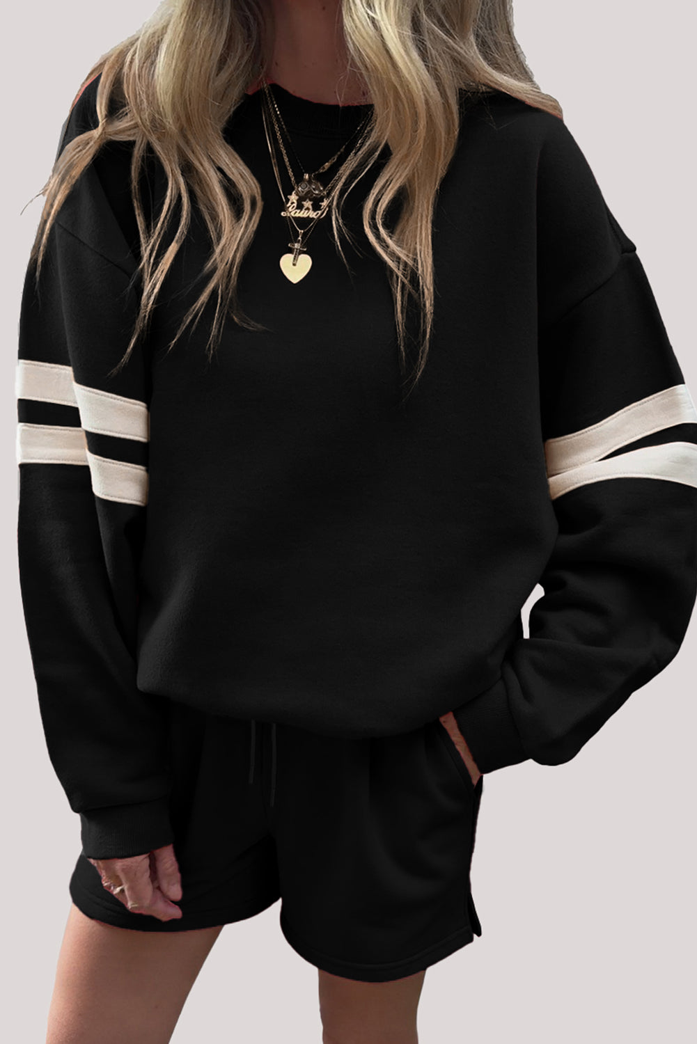 Orange Varsity Striped Sleeve Drop Shoulder Sweatshirt and Shorts Set 83e3a7faeeea5907