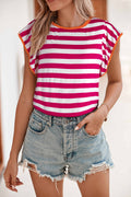 Rose Red Ruffle Sleeve Contrast Trim Striped Tee Rose Red 50%Viscose+45%Polyester+5%Elastane 83e6aedf89a58dad