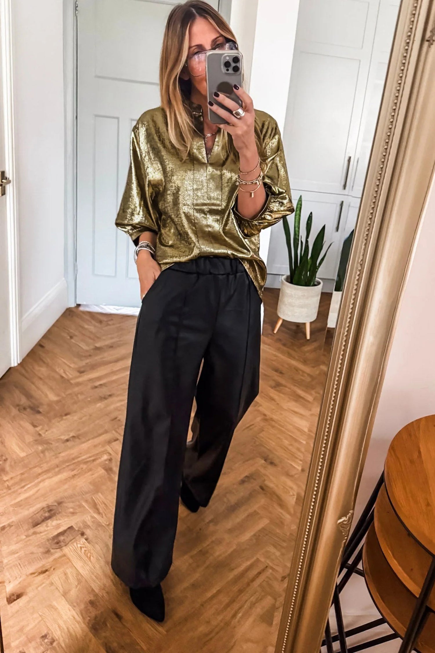 Gold Metallic Split Neck Half Sleeve Blouse 83e6d3f6245fd9fe