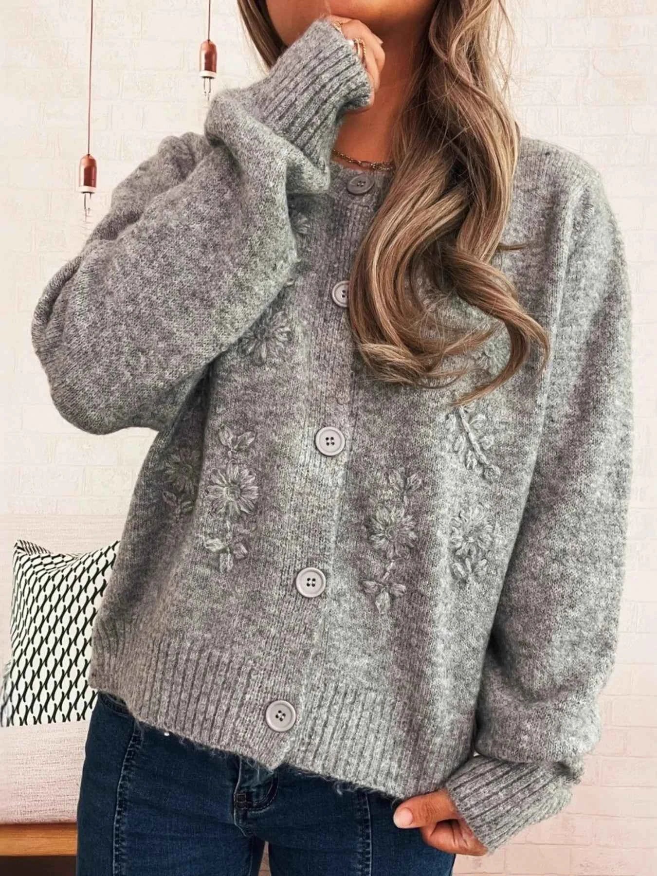 Flower Button Up Ribbed Hem Cardigan Gray One Size-Regular 83f05b0e06474d03a33d5af697290c99-Max-Origin