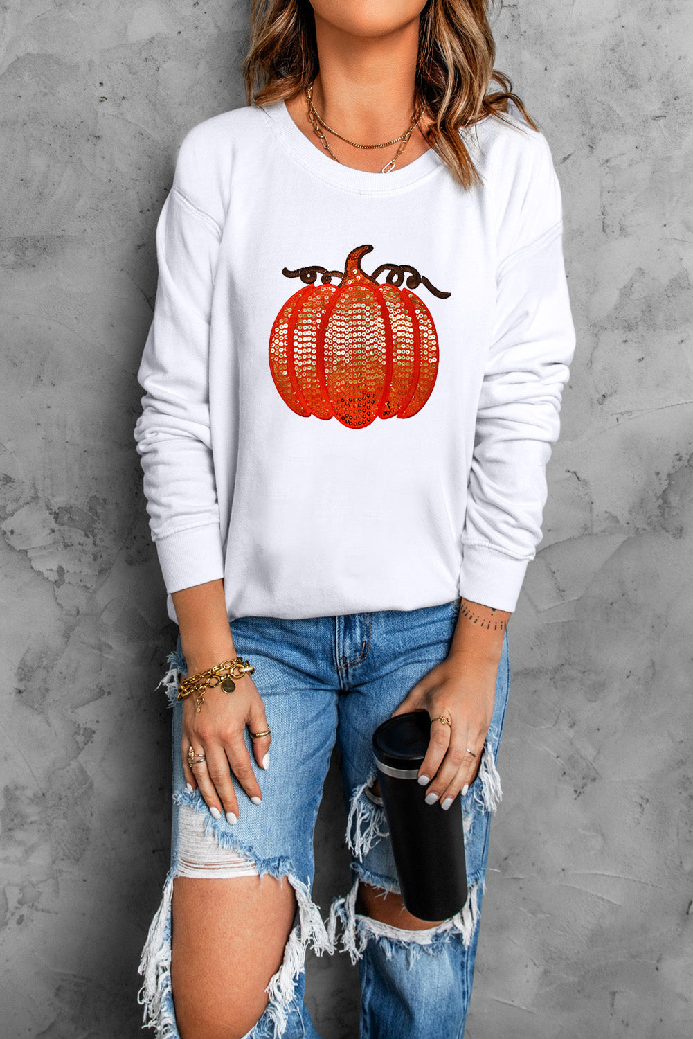 White Sequin Pumpkin Patched Casual Pullover Graphic Sweatshirt 83f146a4fbd3c44b