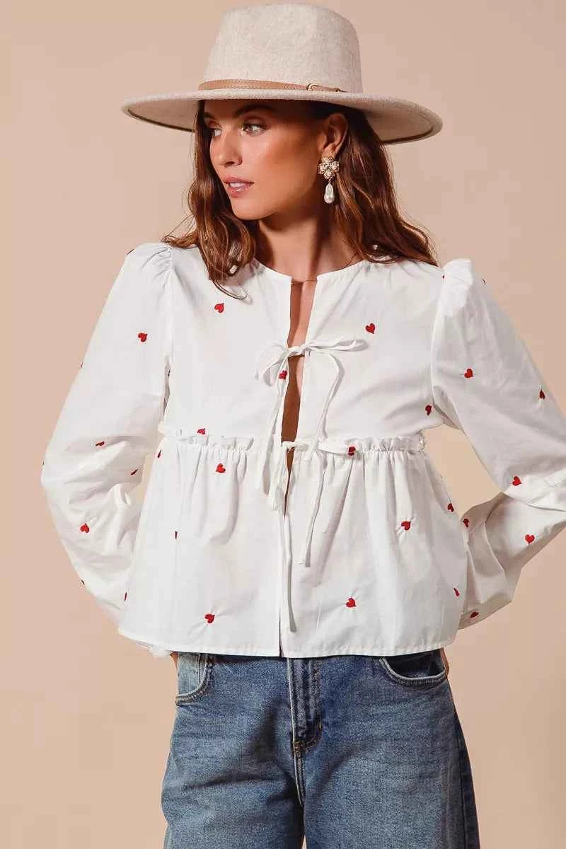 SO ME Front Tie Heart Embroidered Blouse With Puff Sleeve 83f3bf043d2840cda01ce38f63b542da-Max-Origin