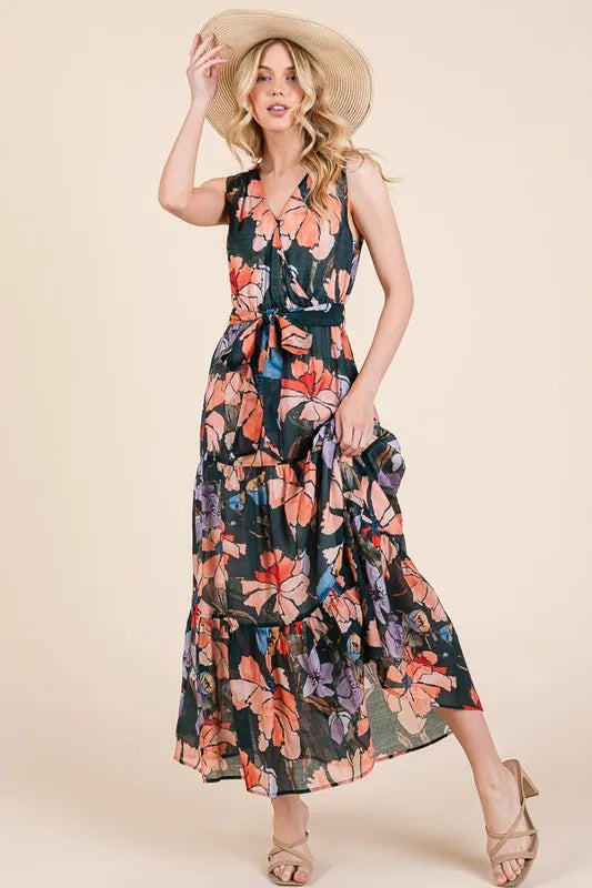 Lime 'N' Chili Floral Print Sleeveless Tie Waist Maxi Dress 83f934082361459cac20e30f2b7bc59d-Max-Origin